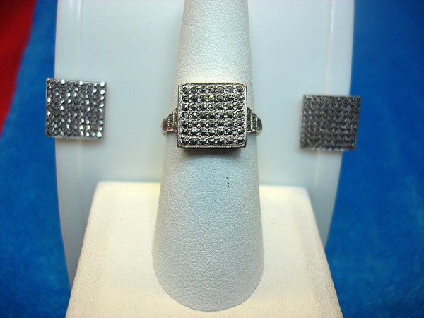 Vintage Sterling Silver Marcasite Ring & Earring Set (Size 7 1/4)