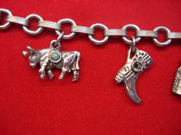 Vintage Silver Western Charm Bracelet (Turquoise Beads, 7.5