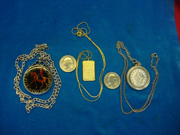 3 Unique Coin & Bullion Necklaces Set - Crown, Gold Replica & Almost Gold Pendant
