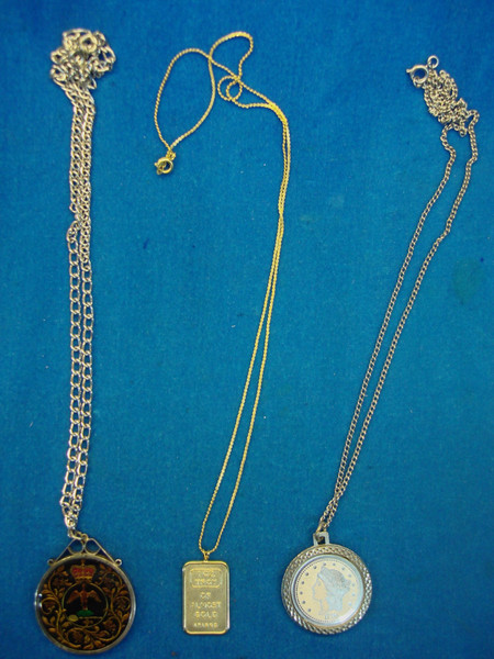 3 Unique Coin & Bullion Necklaces Set - Crown, Gold Replica & Almost Gold Pendant