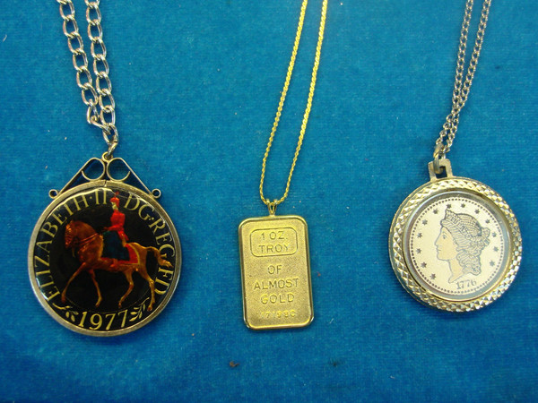 3 Unique Coin & Bullion Necklaces Set - Crown, Gold Replica & Almost Gold Pendant