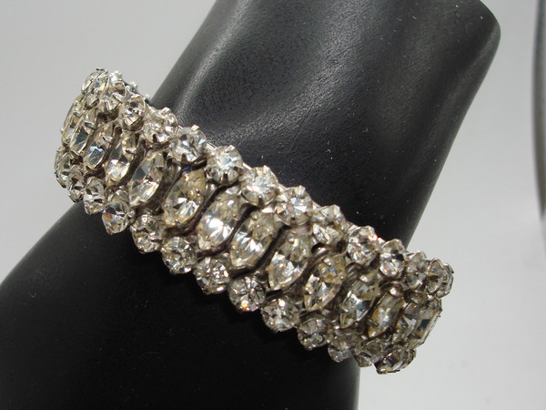 Vintage 1960s Airflex Rhinestone Stretch Bracelet - Silver, Foiled Stones