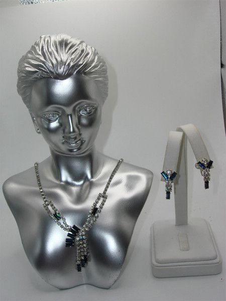 Sparkling Vintage Rhinestone Choker & Earrings Set (1960s-70s) - Clear Blue Silver