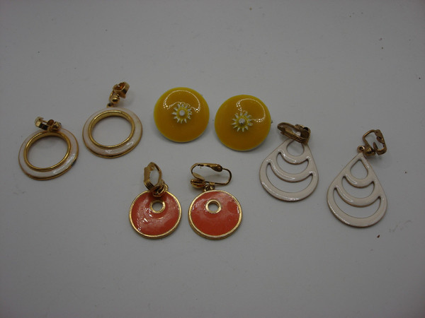 Vintage 1960s Enamel Clip-On Earrings Set of 4 - Estate Find! Gold-Tone Dangles & Hoops