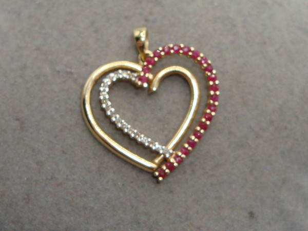 14K Gold Heart Pendant with Rubies & Diamonds (Approx. 38ptw) - Unique Double Heart Design