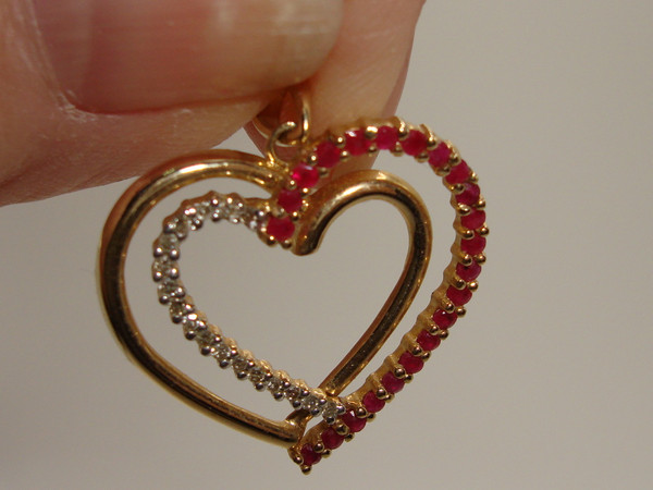 14K Gold Heart Pendant with Rubies & Diamonds (Approx. 38ptw) - Unique Double Heart Design