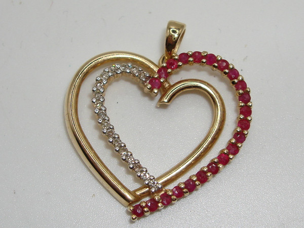 14K Gold Heart Pendant with Rubies & Diamonds (Approx. 38ptw) - Unique Double Heart Design