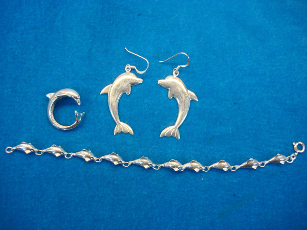 Sterling Silver Dolphin Jewelry Set - Bracelet, Earrings & Ring (Estate Find)