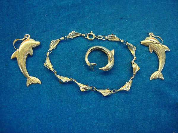 Sterling Silver Dolphin Jewelry Set - Bracelet, Earrings & Ring (Estate Find)