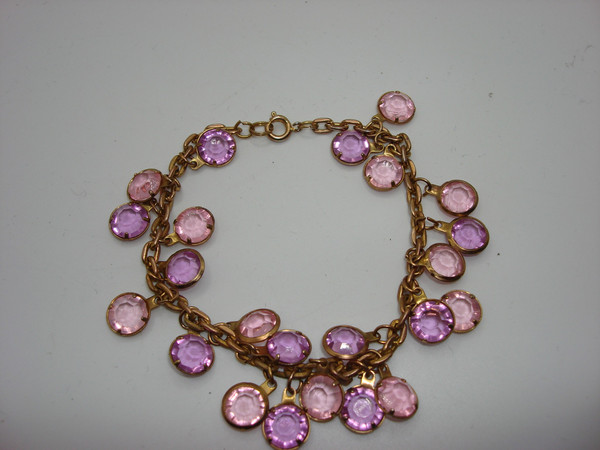 Vintage 1960s-70s Pink & Purple Glass Bezel Set Bracelet | Gold Tone | Statement Jewelry