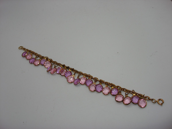 Vintage 1960s-70s Pink & Purple Glass Bezel Set Bracelet | Gold Tone | Statement Jewelry