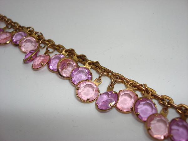 Vintage 1960s-70s Pink & Purple Glass Bezel Set Bracelet | Gold Tone | Statement Jewelry