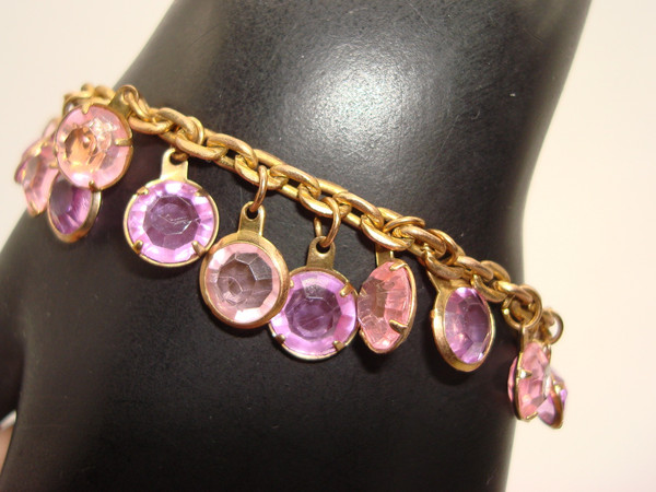Vintage 1960s-70s Pink & Purple Glass Bezel Set Bracelet | Gold Tone | Statement Jewelry