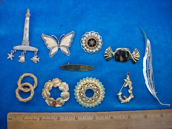 Vintage Estate Jewelry Lot of 10 Unique Costume Pins - Mixed Styles & Great Condition