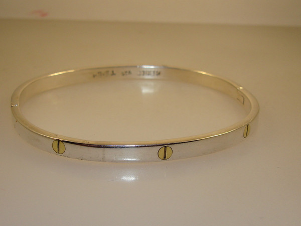 Vintage Mexican Sterling Silver Hinged Bangle Bracelet | Signed & Gold-Tone Accents