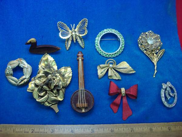 Vintage Estate Jewelry Lot of 10 Unique Costume Pins - Assorted Designs