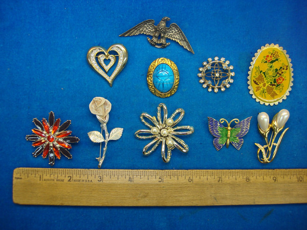 10 Unique Costume Pins - Estate Jewelry Lot, Vintage Style & Collectible