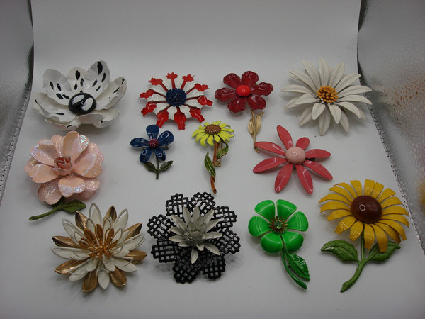 Vintage Enamel Floral Pins (12pc Set) - 1940s-50s  Art Deco Jewelry