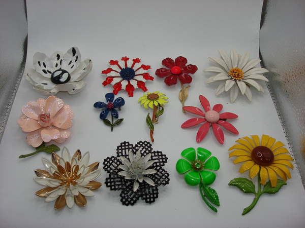 Vintage Enamel Floral Pins (12pc Set) - 1940s-50s  Art Deco Jewelry