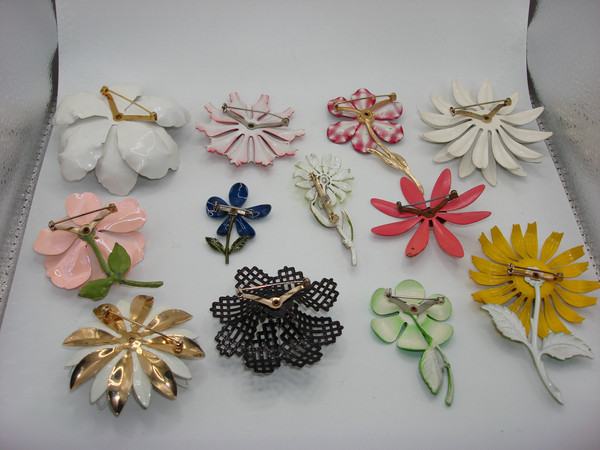 Vintage Enamel Floral Pins (12pc Set) - 1940s-50s  Art Deco Jewelry