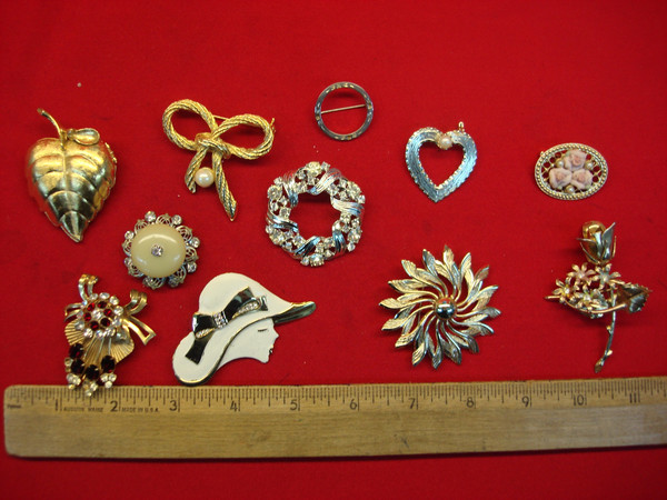 Vintage Costume Pin Lot of 10 - Unique & Usable Estate Jewelry