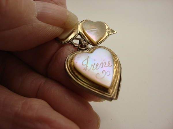 Vintage 1942 Irene Mother of Pearl Locket Pin - Estate Find, Gold Tone Hearts & Engraved Name