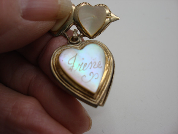 Vintage 1942 Irene Mother of Pearl Locket Pin - Estate Find, Gold Tone Hearts & Engraved Name