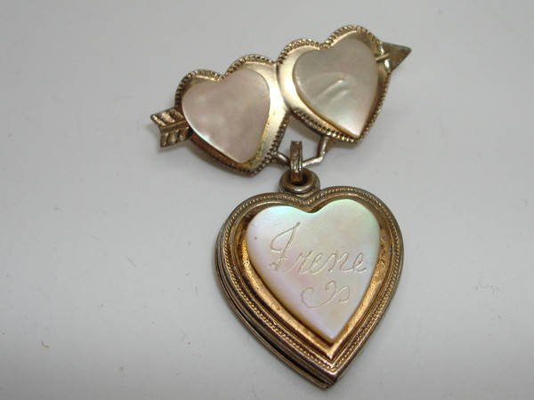 Vintage 1942 Irene Mother of Pearl Locket Pin - Estate Find, Gold Tone Hearts & Engraved Name
