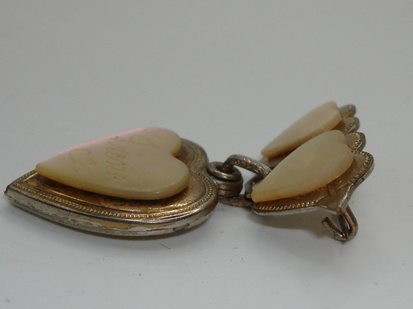 Vintage 1942 Irene Mother of Pearl Locket Pin - Estate Find, Gold Tone Hearts & Engraved Name