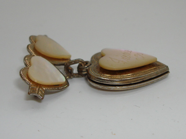Vintage 1942 Irene Mother of Pearl Locket Pin - Estate Find, Gold Tone Hearts & Engraved Name