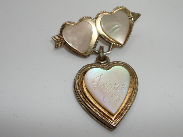 Vintage 1942 Irene Mother of Pearl Locket Pin - Estate Find, Gold Tone Hearts & Engraved Name