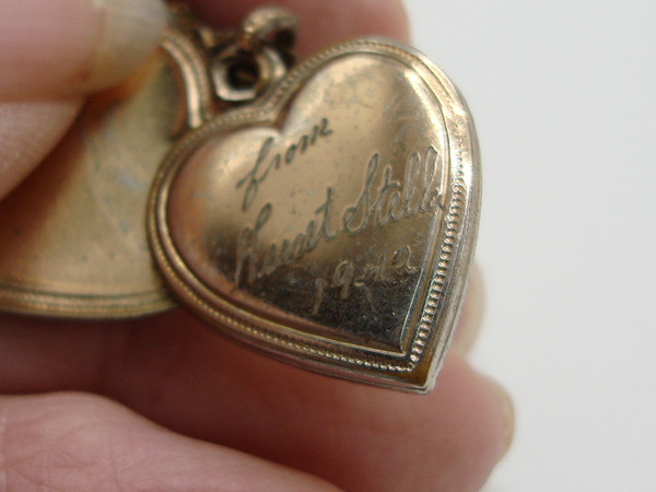 Vintage 1942 Irene Mother of Pearl Locket Pin - Estate Find, Gold Tone Hearts & Engraved Name