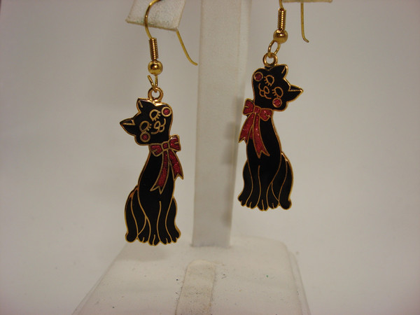 Vintage Black Enamel Cat Dangle Earrings | Gold Tone, 2 Inch
