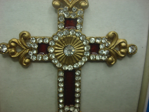 Burton Gold-Tone Cross Pendant with Chain - Estate Find, Brilliants & Red Enamel, 3.25 Inch