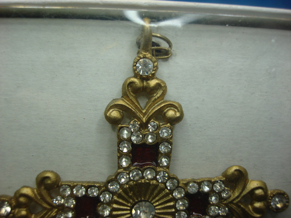 Burton Gold-Tone Cross Pendant with Chain - Estate Find, Brilliants & Red Enamel, 3.25 Inch