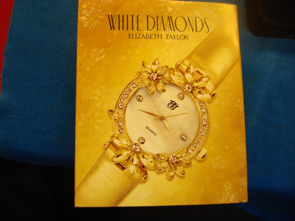 Vintage Liz Taylor White Diamonds Quartz Ladies Watch - Gold-Tone, Mother-of-Pearl Dial, Original Packaging
