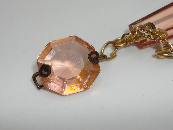 Vintage 1930s Pink Crystal Briolette Prisms - Antique Pair with Gold Chain & Rhinestones