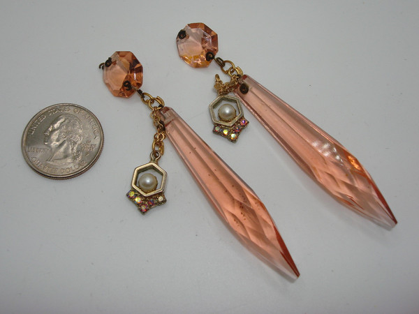 Vintage 1930s Pink Crystal Briolette Prisms - Antique Pair with Gold Chain & Rhinestones