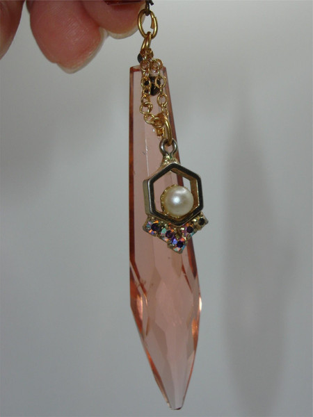 Vintage 1930s Pink Crystal Briolette Prisms - Antique Pair with Gold Chain & Rhinestones