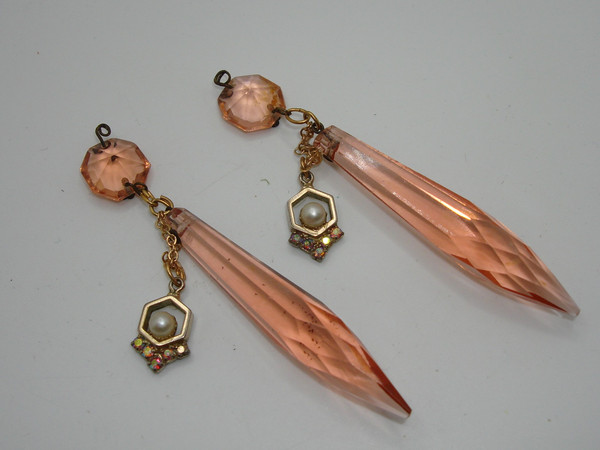 Vintage 1930s Pink Crystal Briolette Prisms - Antique Pair with Gold Chain & Rhinestones