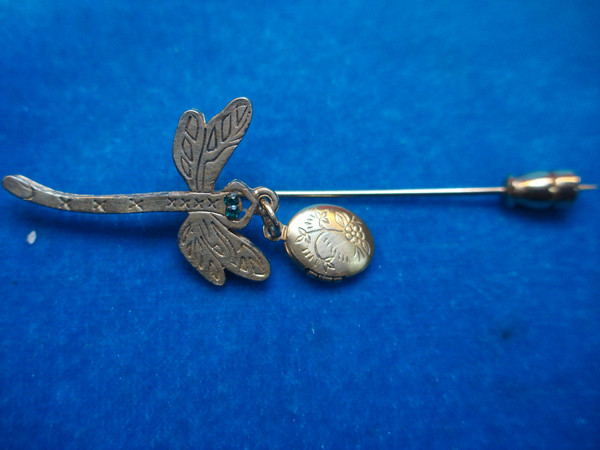 Vintage Gold-Tone Dragonfly Pin with Green Glass Eyes & Photo Locket