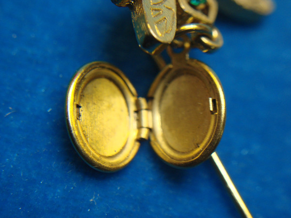 Vintage Gold-Tone Dragonfly Pin with Green Glass Eyes & Photo Locket