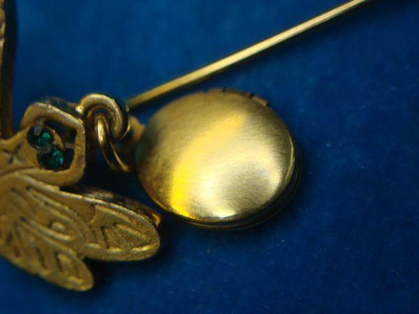 Vintage Gold-Tone Dragonfly Pin with Green Glass Eyes & Photo Locket