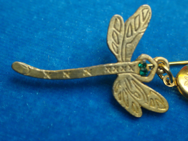 Vintage Gold-Tone Dragonfly Pin with Green Glass Eyes & Photo Locket
