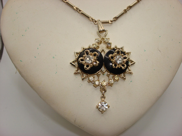 Vintage 1950s Rhinestone Choker Necklace & Bracelet Set - Gold Tone Black Lucite