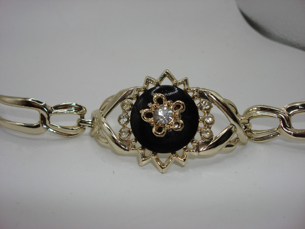 Vintage 1950s Rhinestone Choker Necklace & Bracelet Set - Gold Tone Black Lucite