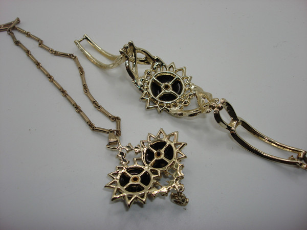 Vintage 1950s Rhinestone Choker Necklace & Bracelet Set - Gold Tone Black Lucite