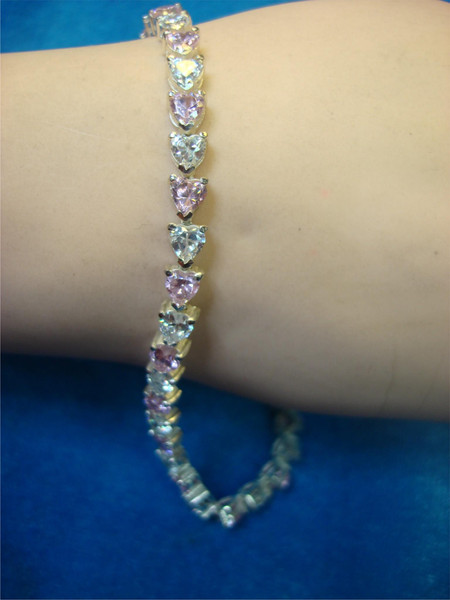 Sterling Silver Heart Bracelet - Pink & Clear CZ Stones, Size 8