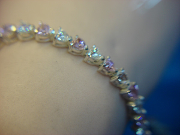 Sterling Silver Heart Bracelet - Pink & Clear CZ Stones, Size 8