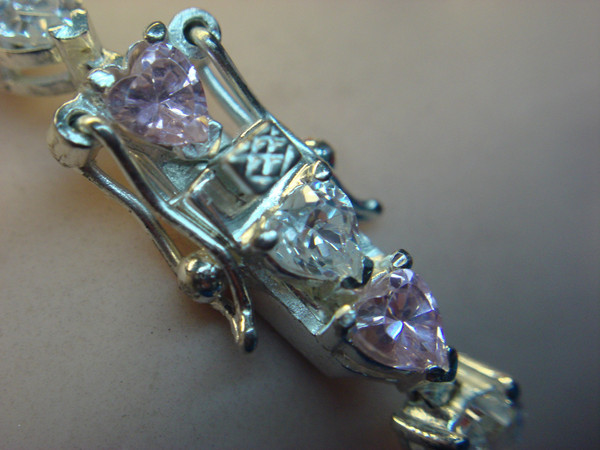 Sterling Silver Heart Bracelet - Pink & Clear CZ Stones, Size 8